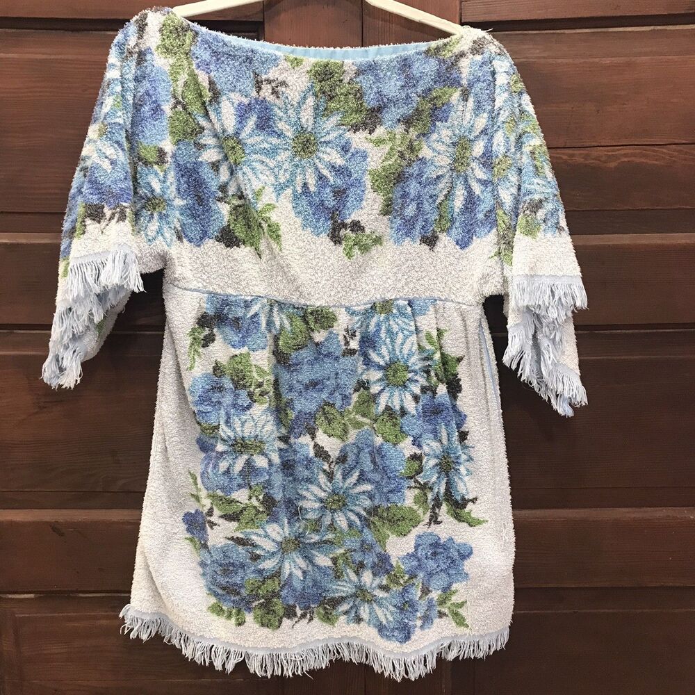 Vintage Blue Floral Cover-Up Fringe Terrycloth Towel Dress Caftan Beach Poolside